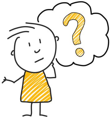 ayakta ve kabarcık ifade illüstrasyon sarı soru işareti düşünme sopa adam