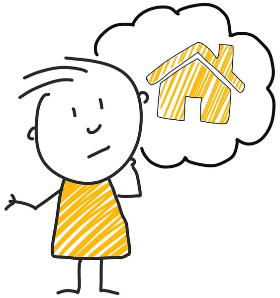 Bâton homme debout et penser bulle expression illustration jaune maison immobilier — Image vectorielle