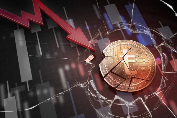 Shiny golden TARGET cryptocurrency coin broken on negative chart crash baisse falling lost deficit 3d rendering — Stock Photo, Image