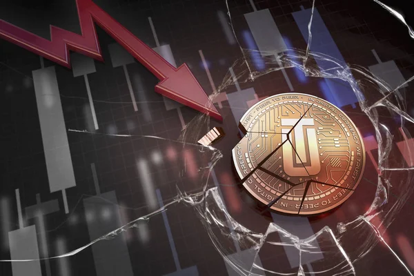 Shiny golden UTRUST cryptocurrency coin broken on negative chart crash baisse falling lost deficit 3d rendering — Stock Photo, Image