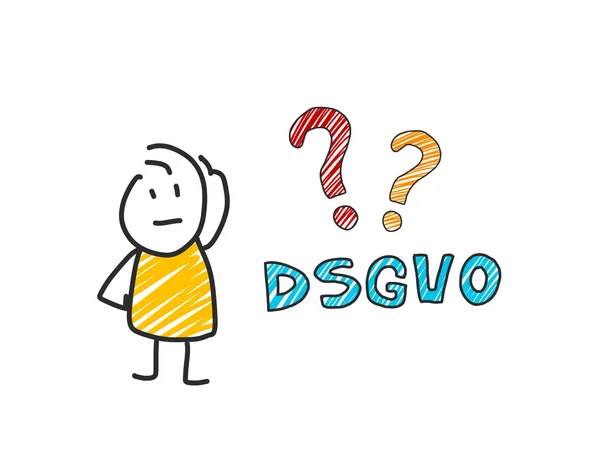 Dsgvo 文字の前に棒人間。一般的なデータ保護規制。Gdpr、Rgpd、Dsgvo、Dpo。概念ベクトル イラスト。フラット スタイル。水平方向 — ストックベクタ