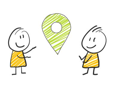 ayakta ve ifade illüstrasyon sarı yer işareti düşünüyorum adam 2 sopa