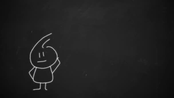 Hand tekening van denken stokmens met Bitcoin symbool met witte krijt op blackboard — Stockvideo