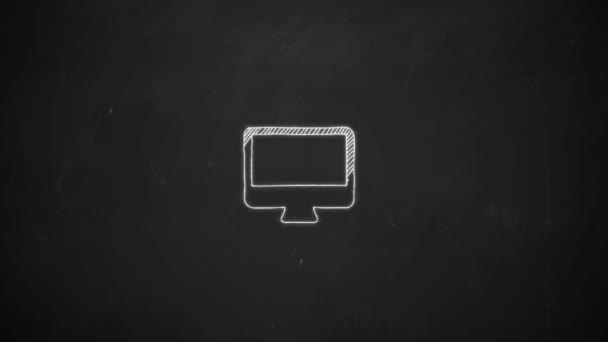 Ручная линия рисунка с изображением символа монитора с белым мелом на доске — стоковое видео