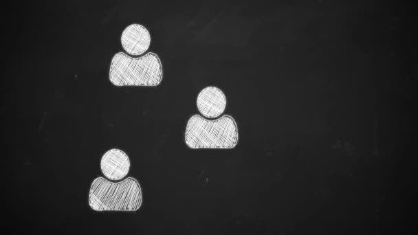 Hand drawing line art showing connection network symbols with white chalk on blackboard — Stock Video