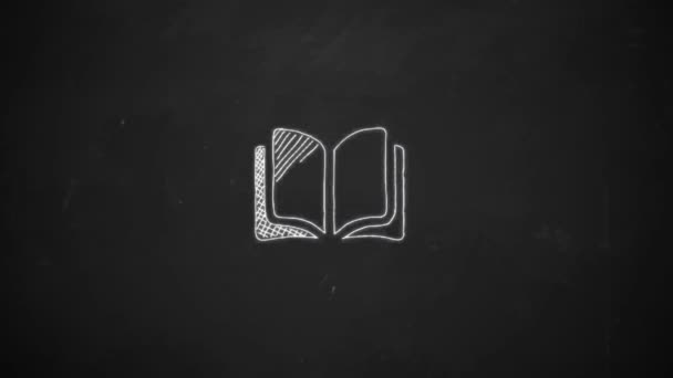 Desenho à mão de símbolo de livro com giz branco em quadro-negro — Vídeo de Stock