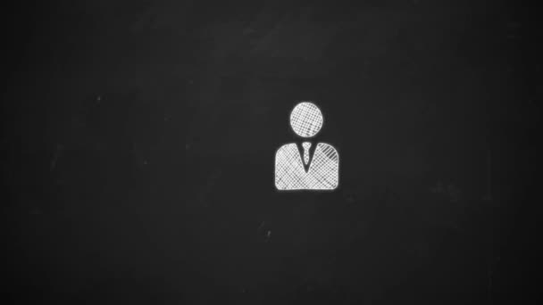 Hand drawing of business man symbol with white chalk on blackboard — Stock Video