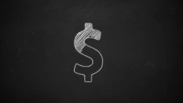 Hand drawing line art showing dollar symbol with white chalk on blackboard — Stock Video