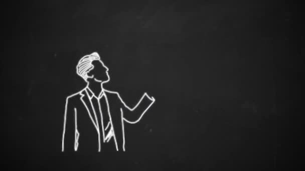 Hand van tekening lijnwerk tonen verbinding netwerk symbolen met wit krijt op blackboard — Stockvideo