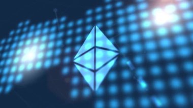 Ethereum cryptocurrency simgesi animasyon mavi dijital dünya harita teknolojik altyapı