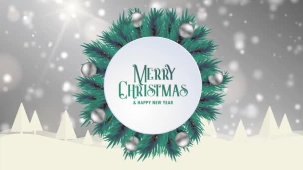 Feliz Navidad tarjeta de felicitación animación gris bokeh fondo árboles nieve — Vídeo de stock
