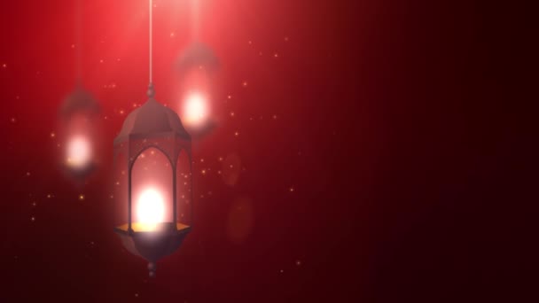 Ramadan candle lantern falling down hanging on string red background — Stock Video