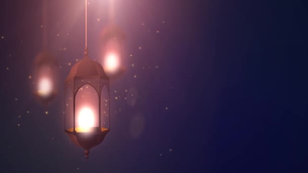 Ramadan candle lantern falling down hanging on string blue background — Stock Video