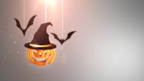 Halloween szürke háttérben animáció tökkel és denevérek zuhan, és lóg a húrok — Stock videók