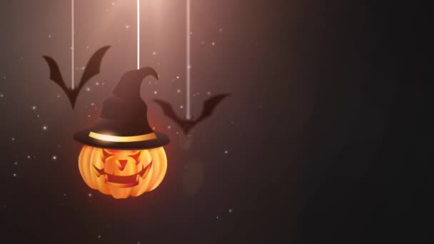 Halloween zwarte achtergrondanimatie met pompoen en vleermuizen vallen en opknoping op snaren — Stockvideo