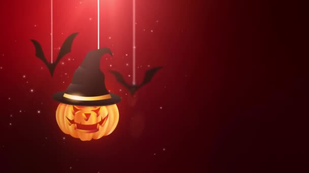 Animation de fond rouge Halloween avec citrouille et chauves-souris tombant et accrochant sur des cordes — Video