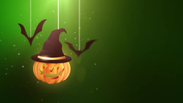 Halloween zielone tło animacji z dynią i nietoperze, spada w dół i wiszące na ciągi — Wideo stockowe