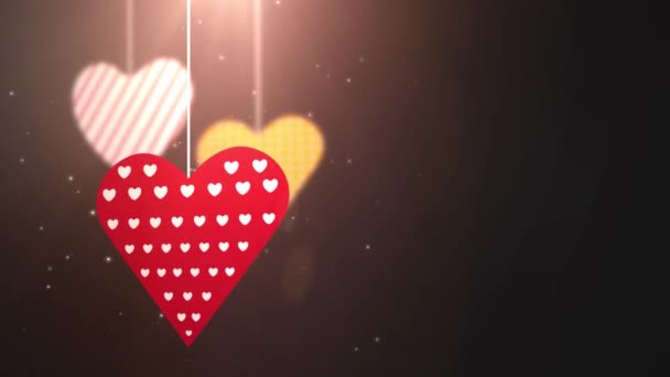 Papel Valentim corações caindo pendurado na corda fundo preto — Vídeo de Stock