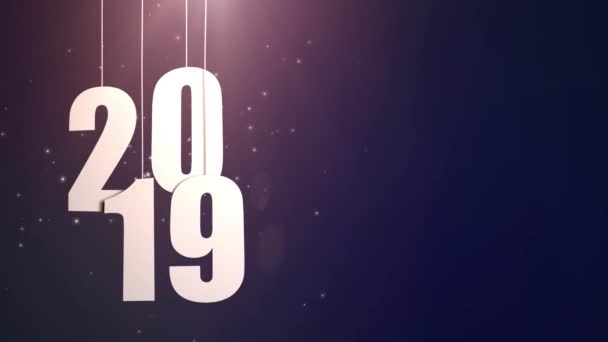 Happy New Year 2019 white paper numbers hanging on strings falling down blue background — Stock Video