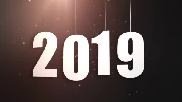 Happy New Year 2019 white paper numbers hanging on strings falling down black background — Stock Video