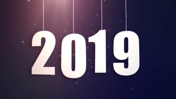 Frohes neues Jahr 2019 weiße Papierzahlen hängen an Fäden fallen nach unten blauen Hintergrund — Stockvideo