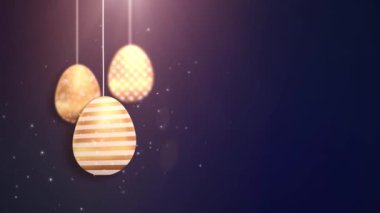 Mutlu Paskalya altın asılı Paskalya yumurtaları ile mavi arka plan animasyonlu.