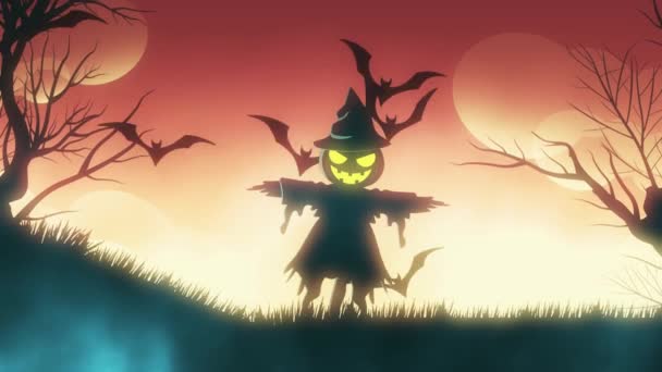 Halloween bakgrunden animation med begreppsmässigt Spooky fågelskrämma och fladdermöss orange bakgrund — Stockvideo