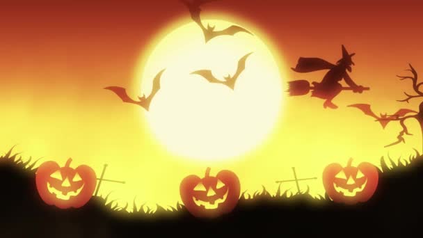 Animação de fundo de Halloween com o conceito de abóboras assustadoras, Lua e morcegos com fundo laranja — Vídeo de Stock