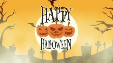 mutlu Cadılar Bayramı tebrik kartı pumpkins, ay ve yarasalar ile animasyon