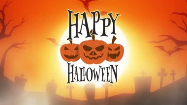 mutlu Cadılar Bayramı tebrik kartı pumpkins, ay ve yarasalar ile animasyon