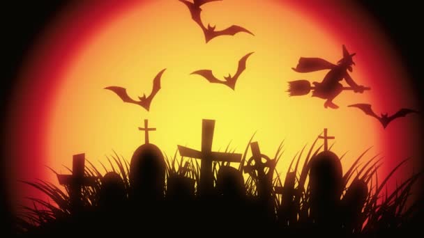 Анимация жуткого кладбища с летающими летучими мышами на Хэллоуин — стоковое видео