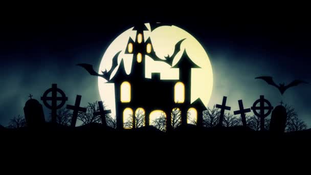 Мультфильм о доме с привидениями и летающими летучими мышами Хэллоуин — стоковое видео