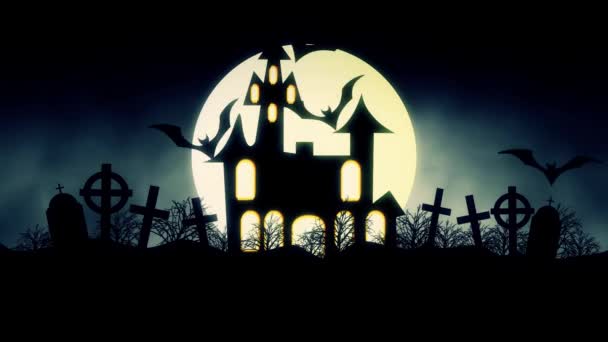 Animation eines gespenstischen Geisterhauses mit fliegenden Fledermäusen zu Halloween — Stockvideo