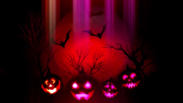 Animation de fantasmagoriques citrouilles d'Halloween Jack-o-lanterne avec des chauves-souris volantes avec fond rouge — Video