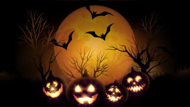 Animación de espeluznante Jack-o-lantern calabazas de Halloween con murciélagos voladores con fondo amarillo — Vídeo de stock