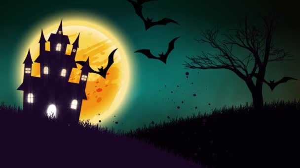 Animación de una casa embrujada espeluznante con calabazas de Halloween Jack-o-lantern — Vídeos de Stock