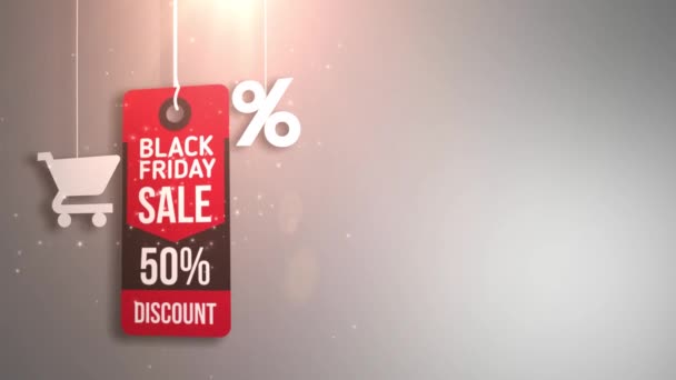 Black Friday Schild hängt an Schnur mit Warenkorb und Prozent-Symbol — Stockvideo