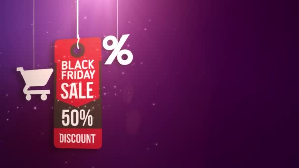 Černý pátek znamení visí na řetězec, nákupní košík a procenta ikonu — Stock video