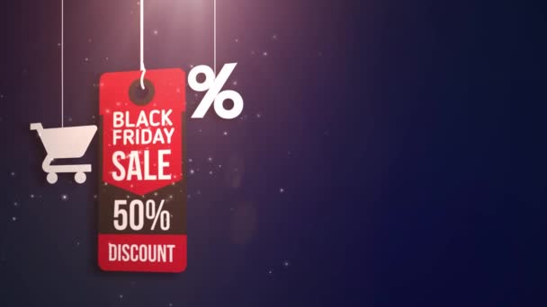 Black Friday Schild hängt an Schnur mit Warenkorb und Prozent-Symbol — Stockvideo