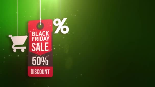 Black Friday Schild hängt an Schnur mit Warenkorb und Prozent-Symbol — Stockvideo