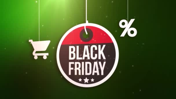 Black Friday Schild hängt an Schnur mit Warenkorb und Prozent-Symbol — Stockvideo