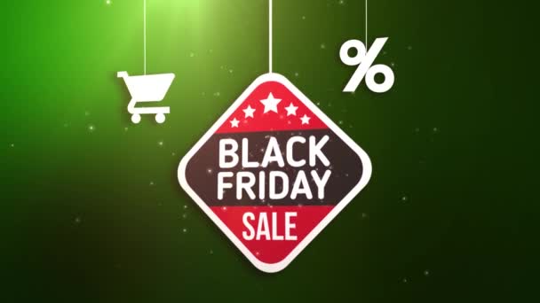 Černý pátek znamení visí na řetězec, nákupní košík a procenta ikonu — Stock video