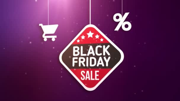 Zwarte vrijdag teken opknoping op string met het winkelen kar en procent pictogram — Stockvideo