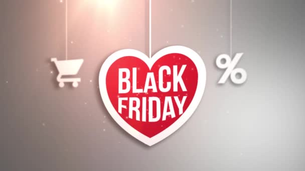 Sinal de coração preto sexta-feira pendurado na corda com carrinho de compras e ícone por cento — Vídeo de Stock