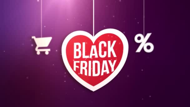 ショッピング カートとパーセントのアイコンの文字列にぶら下がっている黒い金曜日の心印 — ストック動画