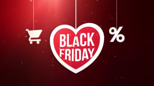 Black Friday Herzschild hängt an Schnur mit Warenkorb und Prozent-Symbol — Stockvideo