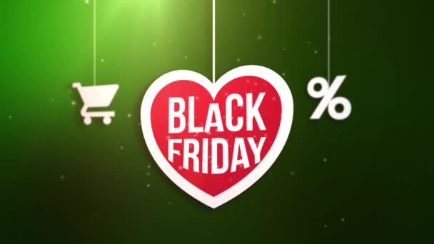 Μαύρη Παρασκευή πινακίδα καρδιά κρέμονται συμβολοσειρά με ψώνια καλάθι και τοις εκατό το εικονίδιο — Αρχείο Βίντεο