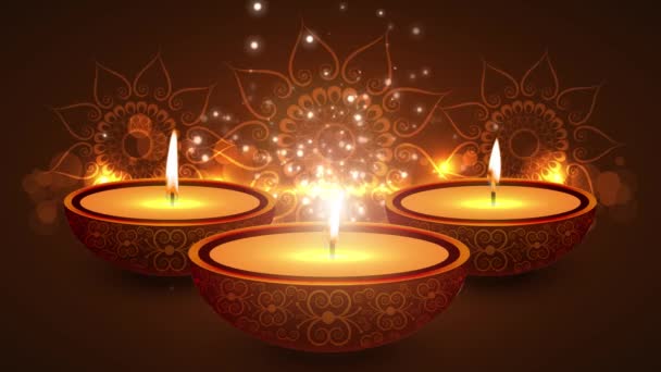 Glücklich diwali indischen Tempel auf einem religiösen Fest diwali. Öllampen-Animation mit warmem Bokeh-Hintergrund — Stockvideo