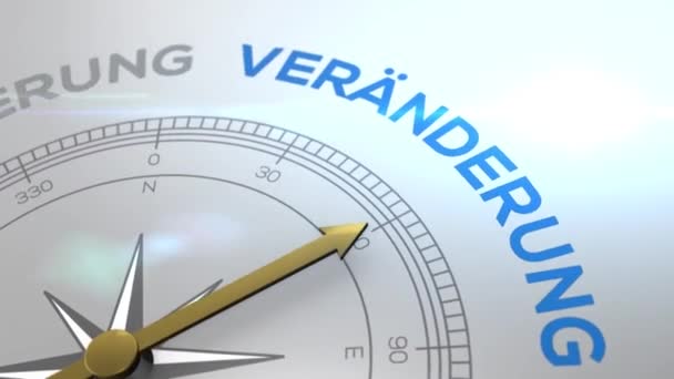 Compass with text - Veraenderung - german word for change - right path, concept video for good direction white shiny background — Stock Video