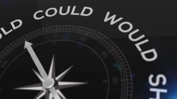 Compass with the text SHOULD WOULD COULD DID right path, concept video for good direction blue shiny background — Stock Video